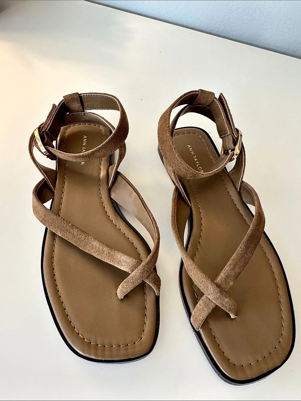 Ann Taylor Strappy Flat Sandals in Olive Suede